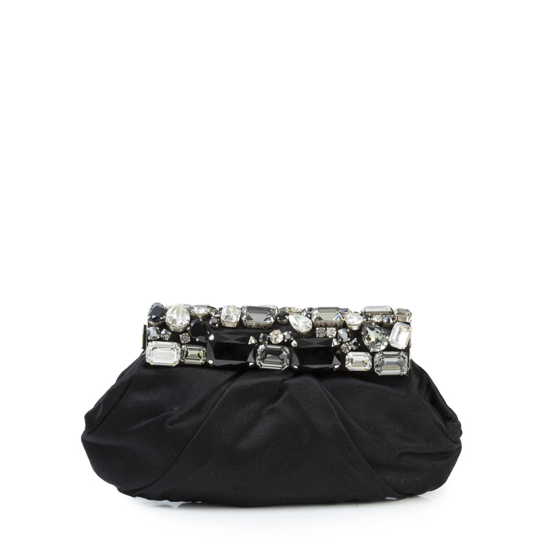 Prada black satin crystal clutch, front view