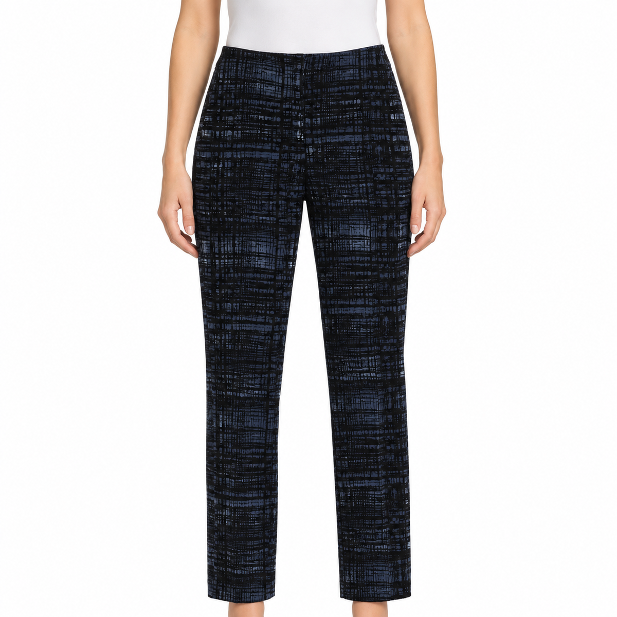 Prada blue tailored trousers with an abstract print, featuring a slim fit and classic waistband, styled for a sophisticated look.