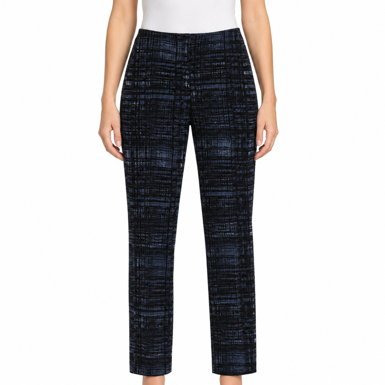 Prada blue tailored trousers with an abstract print, featuring a slim fit and classic waistband, styled for a sophisticated look.