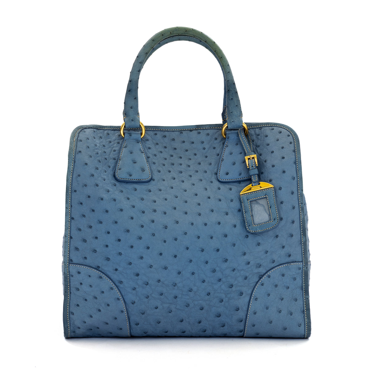 Prada blue double handle tote bag in ostrich leather, front view