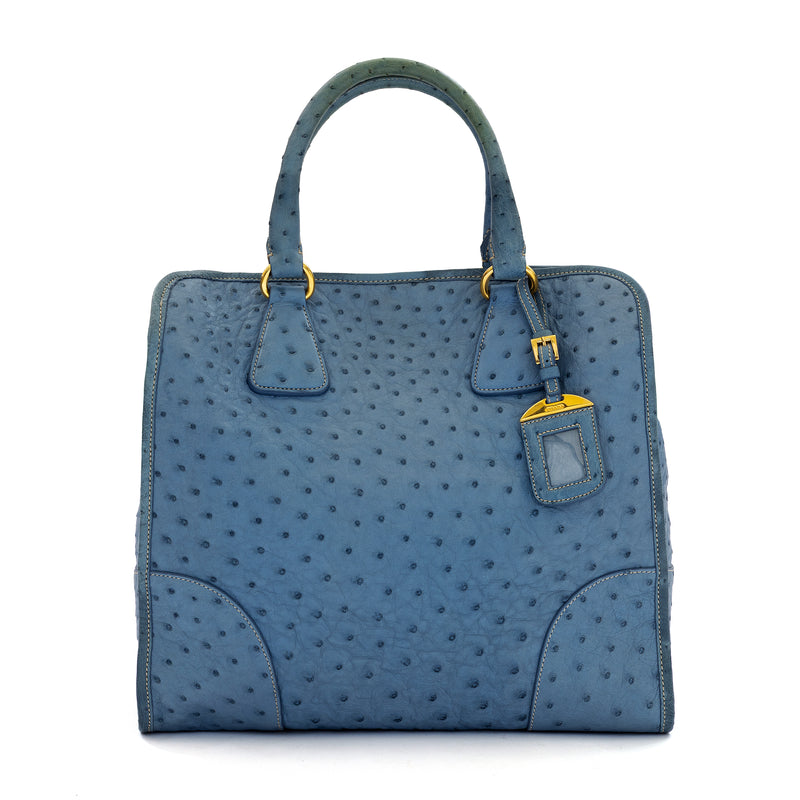 Prada blue double handle tote bag in ostrich leather, front view