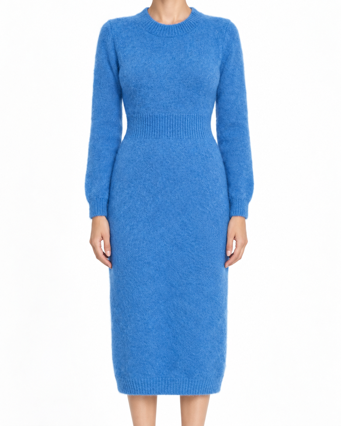 Prada blue mohair long sleeve dress displayed on a hanger, featuring a soft, textured fabric and elegant design.