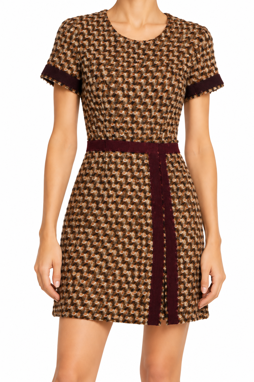 Prada brown tweed dress with a tailored fit, featuring classic design and textured fabric, perfect for elegant occasions.