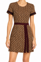 Prada brown tweed dress with a tailored fit, featuring classic design and textured fabric, perfect for elegant occasions.