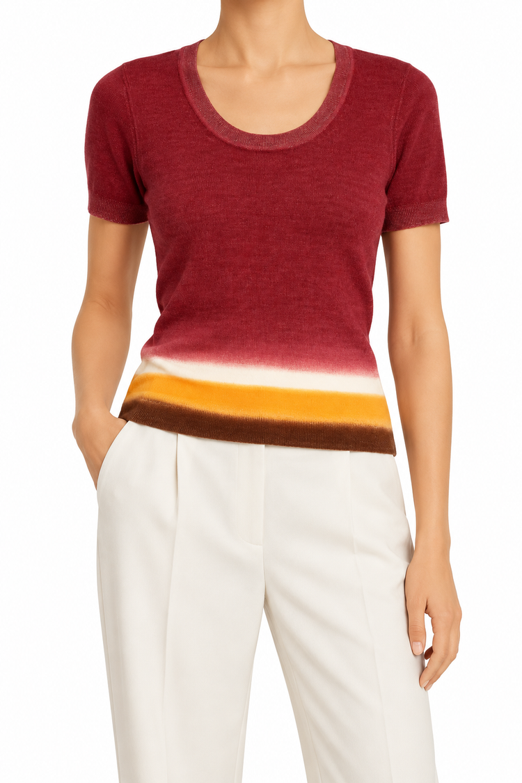 Prada burgundy dégradé top with long sleeves, stylish and fitted, shown in a close-up image.