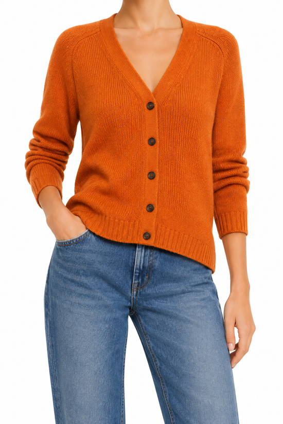 Prada burnt orange cashmere cardigan, soft and cozy tops with a classic knit texture, displayed on a neutral background.