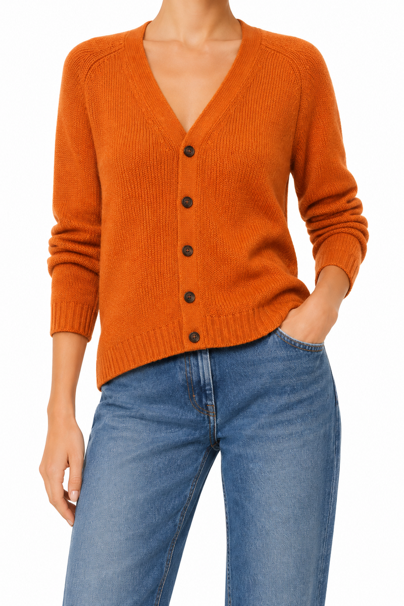 Prada burnt orange cashmere cardigan, soft and cozy knit top with button details, stylish and luxurious women&