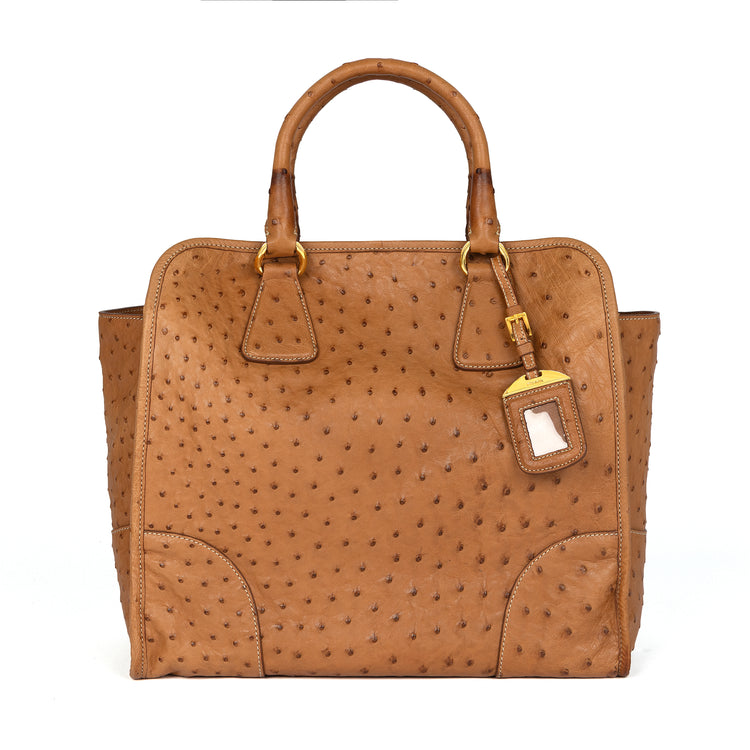 Prada camel double handle tote bag in ostrich leather, front view