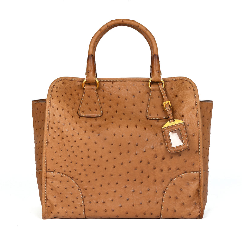 Prada camel double handle tote bag in ostrich leather, front view