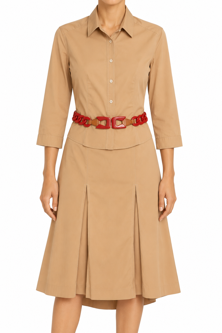Prada camel shirt and skirt set with red resin chain belt, stylish coordinated outfit featuring a tailored top and matching skirt.