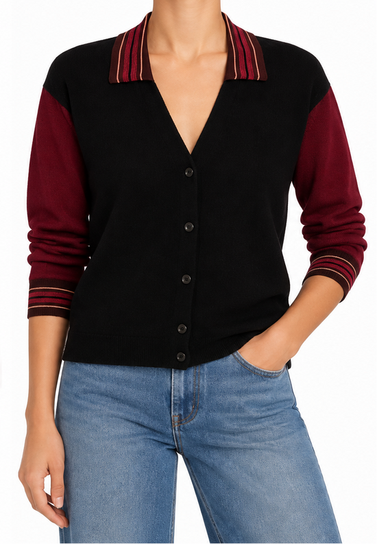 Prada collared V-neck cardigan, stylish knit top with button closure, featuring a classic collar and fine detailing.