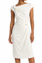 Cream Prada Rosette Dress with draped midi design, featuring elegant floral rosette details and sophisticated style.