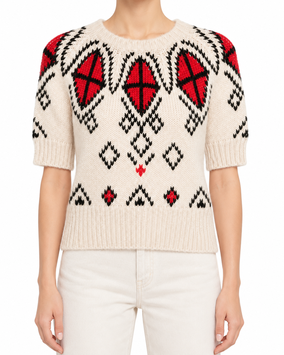 Prada cream short-sleeve intarsia knit jumper, model showing front view with detailed knit pattern and crew neckline.