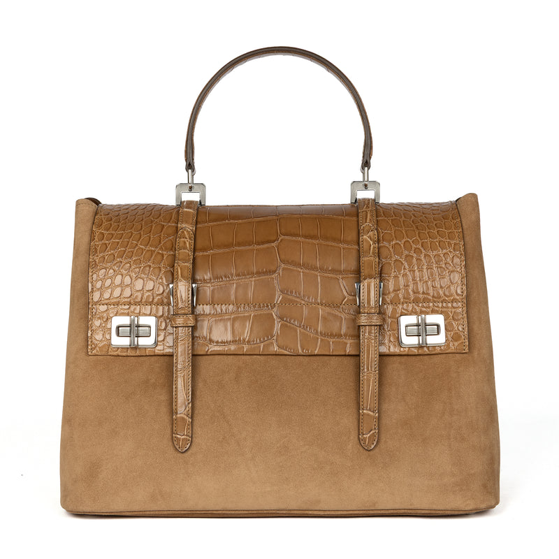 Prada double flap top handle bag in beige suede, front view