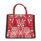 Prada embroidered Saffiano tote bag, front view showing twin pockets in brick red leather
