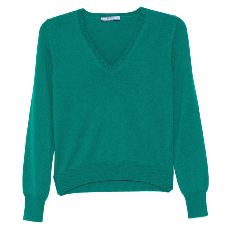 Prada emerald V-neck cashmere sweater, soft knit tops in vibrant green, lightweight and luxurious for stylish casual wear.