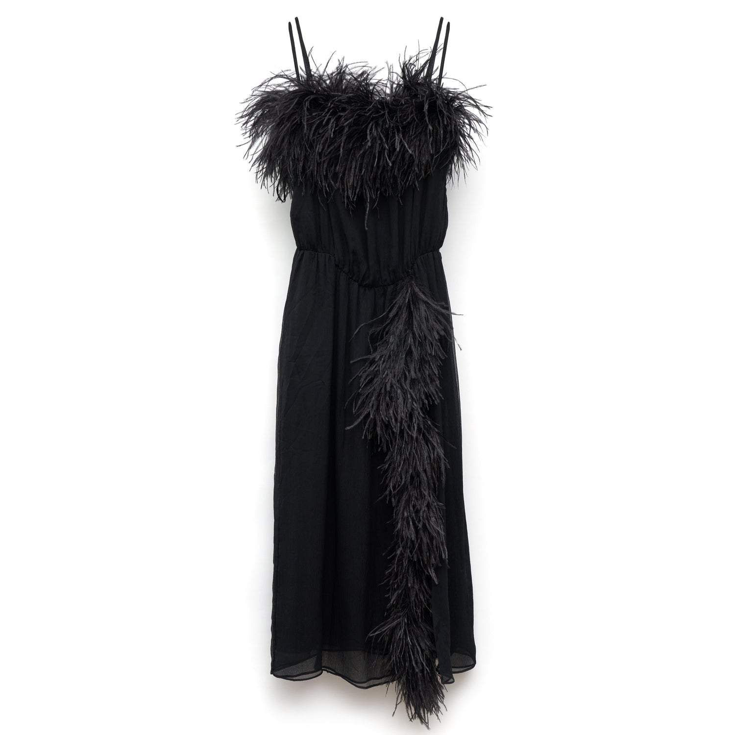 Elegant Prada feather slip dress with delicate feather detailing and lightweight fabric, perfect for stylish evening wear.