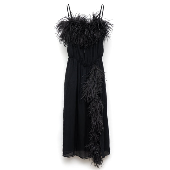 Elegant Prada feather slip dress with delicate feather detailing and lightweight fabric, perfect for stylish evening wear.