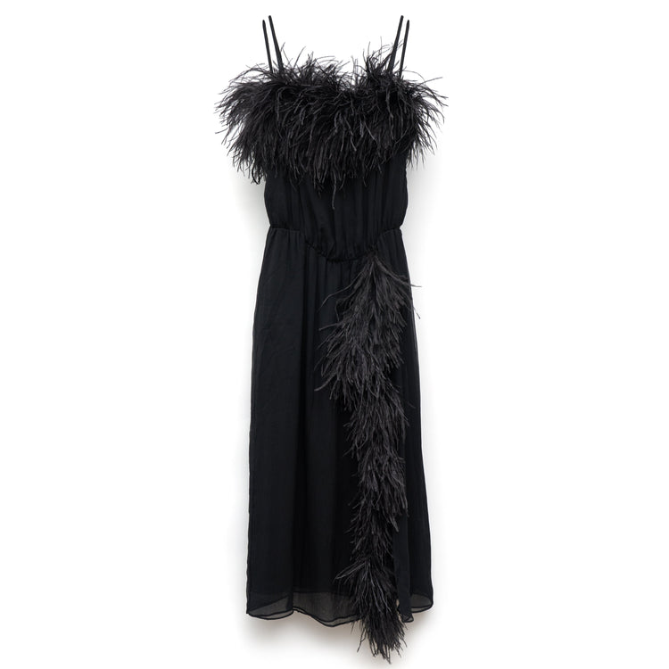Elegant Prada feather slip dress with delicate feather detailing and lightweight fabric, perfect for stylish evening wear.