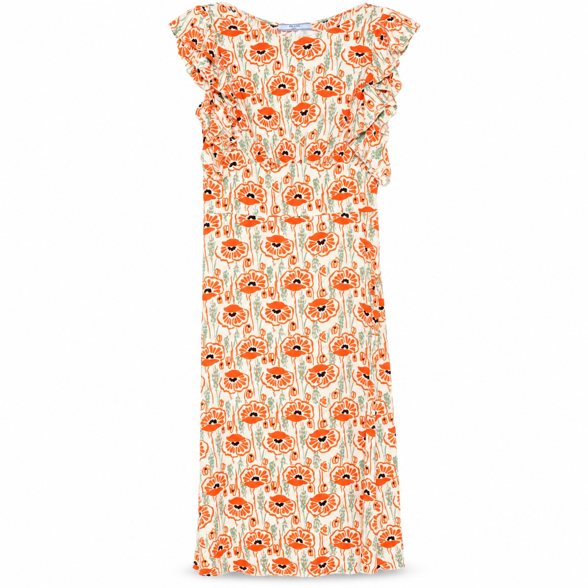 Prada floral ruffled midi dress featuring a vibrant floral pattern and elegant ruffle details on a flowing fabric.