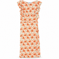 Prada floral ruffled midi dress featuring a vibrant floral pattern and elegant ruffle details on a flowing fabric.