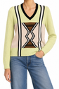 Prada green v-neck long-sleeve knit jumper, close-up of the cozy, stylish tops with ribbed cuffs and hem.