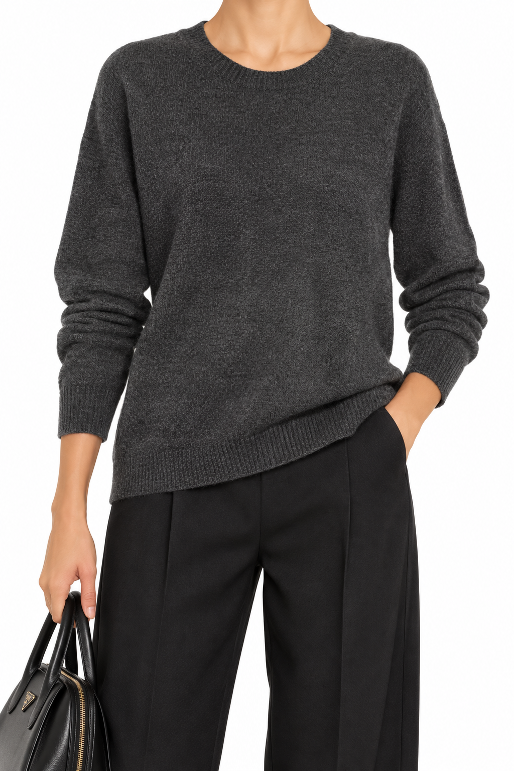 Prada grey crew neck cashmere sweater, soft knit top with ribbed collar and cuffs, casual and luxurious women&
