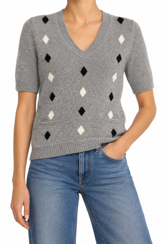 Prada grey short-sleeve knit top with a fitted design, featuring a round neckline and textured fabric, casual stylish women’s top.