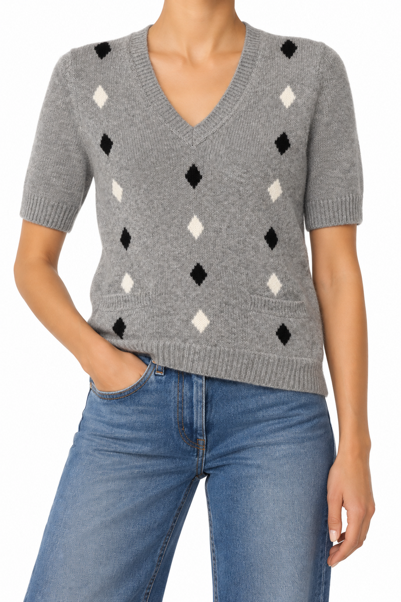 Prada grey short-sleeve knit top with a fitted design, showcasing soft fabric and classic style perfect for casual or smart-casual wear.