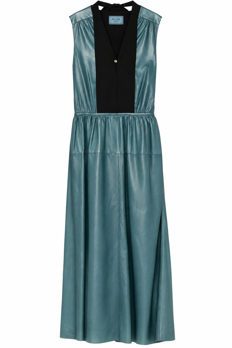 Prada teal leather dress with sleek design, fitted silhouette, and elegant details for a stylish look.