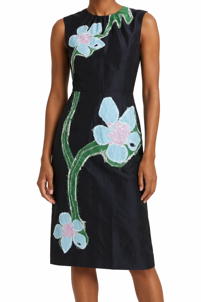 Navy silk sleeveless Prada dress with floral appliqué detailing, elegant and stylish for special occasions