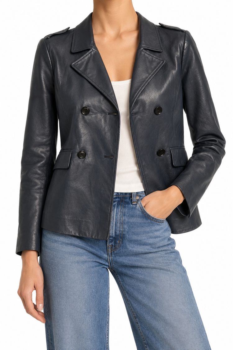 Prada navy leather blazer with tailored fit, classic lapel, and sleek design, perfect for stylish formal or casual wear.