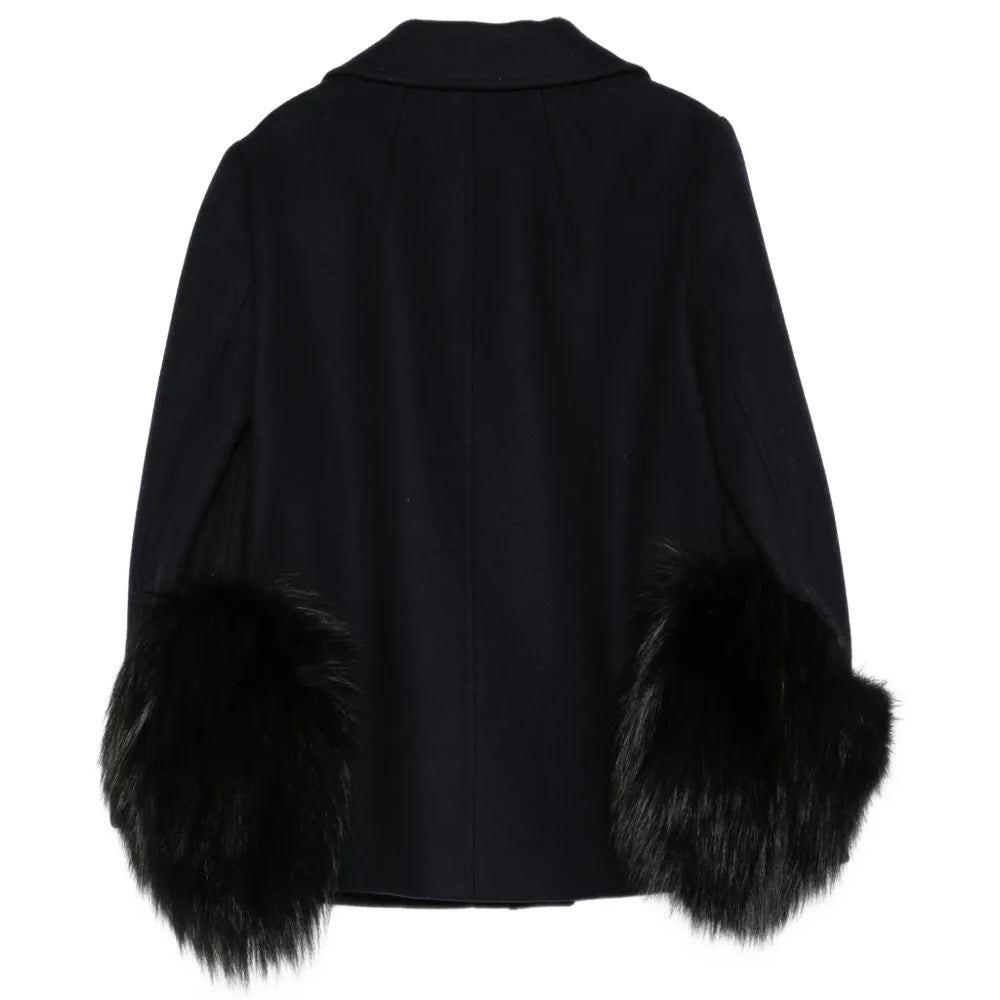Navy Prada wool jacket with statement cuff, shown from the back, featuring tailored fit and stylish design.