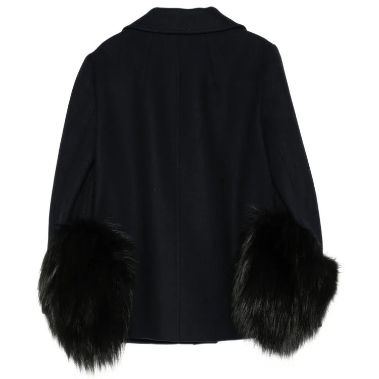 Navy Prada wool jacket with statement cuff, shown from the back, featuring tailored fit and stylish design.