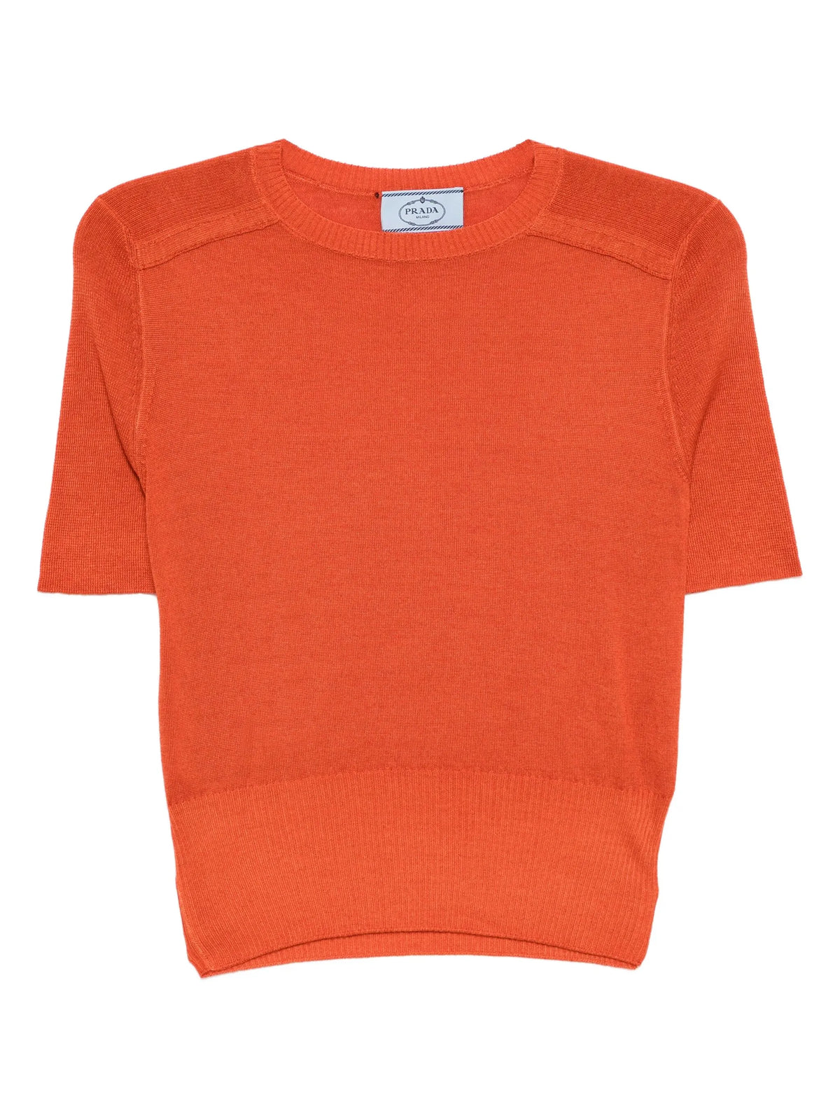 Prada orange knit top with long sleeves and ribbed texture, stylish and cozy for casual wear.