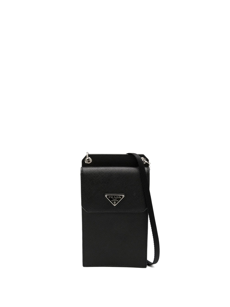 Prada phone crossbody pouch, front view in black Saffiano leather