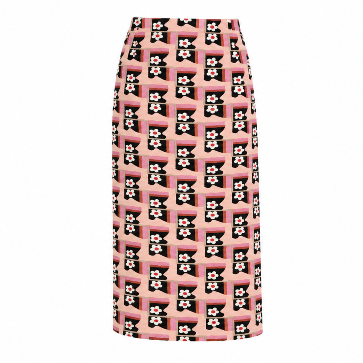 Prada pink cloqué jacquard floral pencil skirt with a high waist, midi length and all-over black, white and pink floral geometric print.