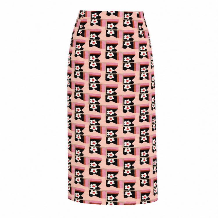 Prada pink cloqué jacquard floral pencil skirt with a high waist, midi length and all-over black, white and pink floral geometric print.