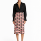 Prada pink cloqué jacquard floral pencil skirt with a high waist, midi length and all-over black, white and pink floral geometric print.