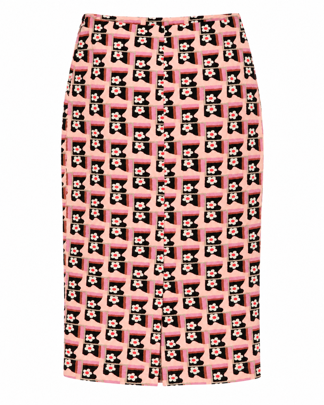 Prada pink cloqué jacquard floral pencil skirt with a high waist, midi length and all-over black, white and pink floral geometric print.