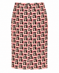 Prada pink cloqué jacquard floral pencil skirt with a high waist, midi length and all-over black, white and pink floral geometric print.