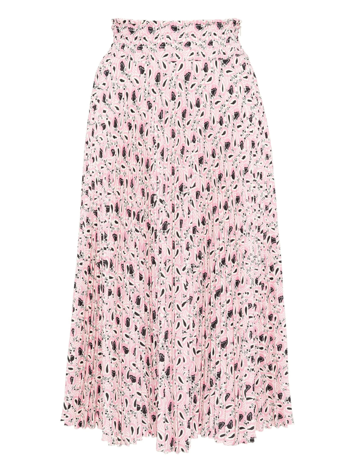 Pink printed accordion skirt by Prada, showcasing pleated design and vibrant floral pattern, styled for a fashionable look.