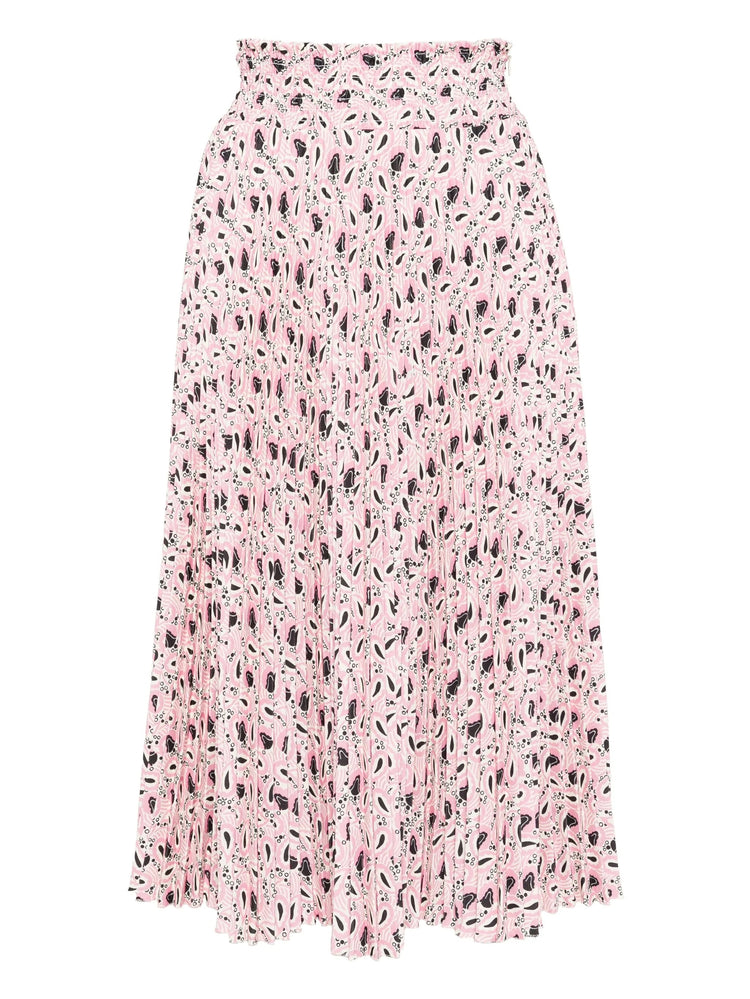 Pink printed accordion skirt by Prada, showcasing pleated design and vibrant floral pattern, styled for a fashionable look.