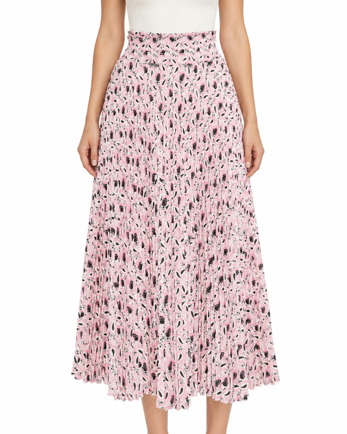 Pink printed accordion skirt by Prada featuring pleated design and vibrant pattern, perfect for stylish everyday wear.