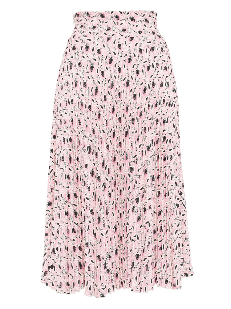 Pink Prada printed accordion skirt with pleated design, showcased on a model in a fashion photoshoot.