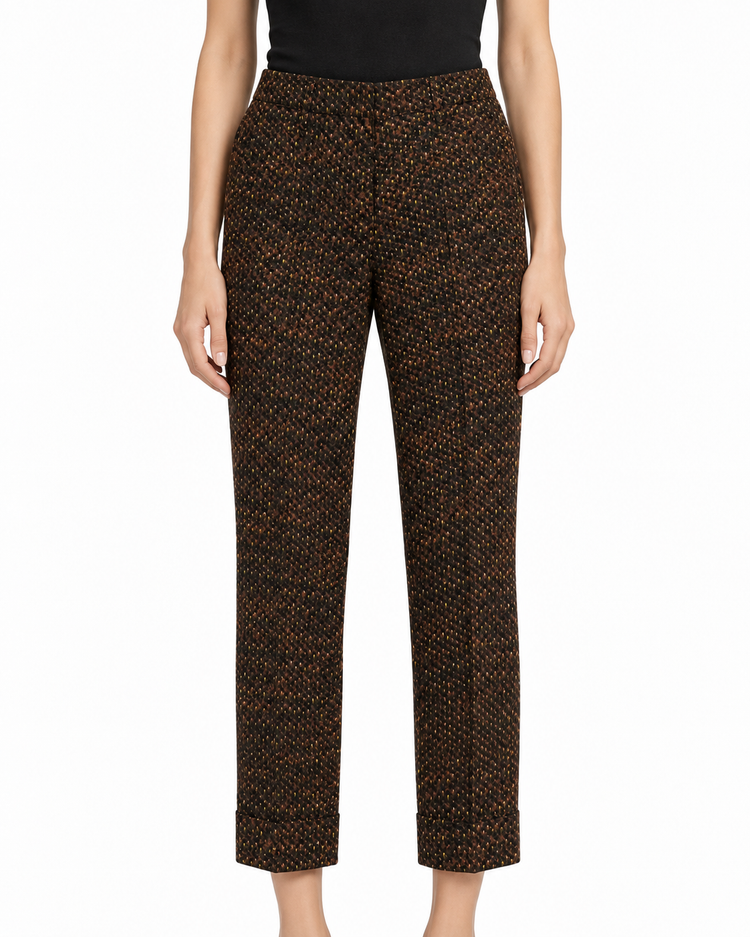 Prada printed cropped trousers featuring a stylish pattern and tailored fit, perfect for casual or semi-formal outfits.