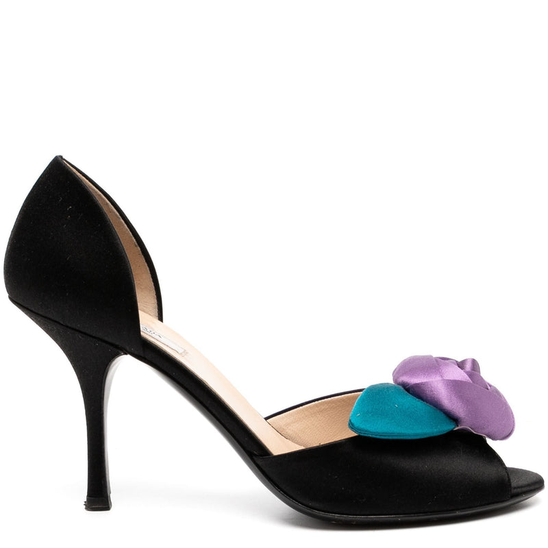 Prada Rosette Satin Heels featuring elegant satin fabric and floral rosette embellishments for stylish footwear.