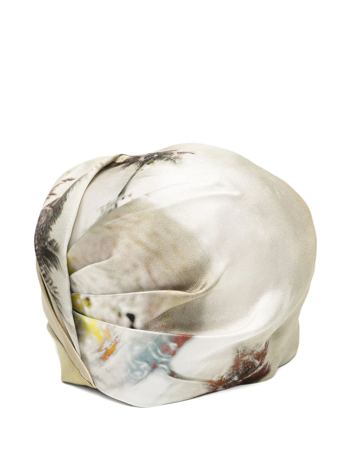 Prada silk printed limited edition turban hat featuring vibrant patterns, stylish headwear for fashion-forward accessories.