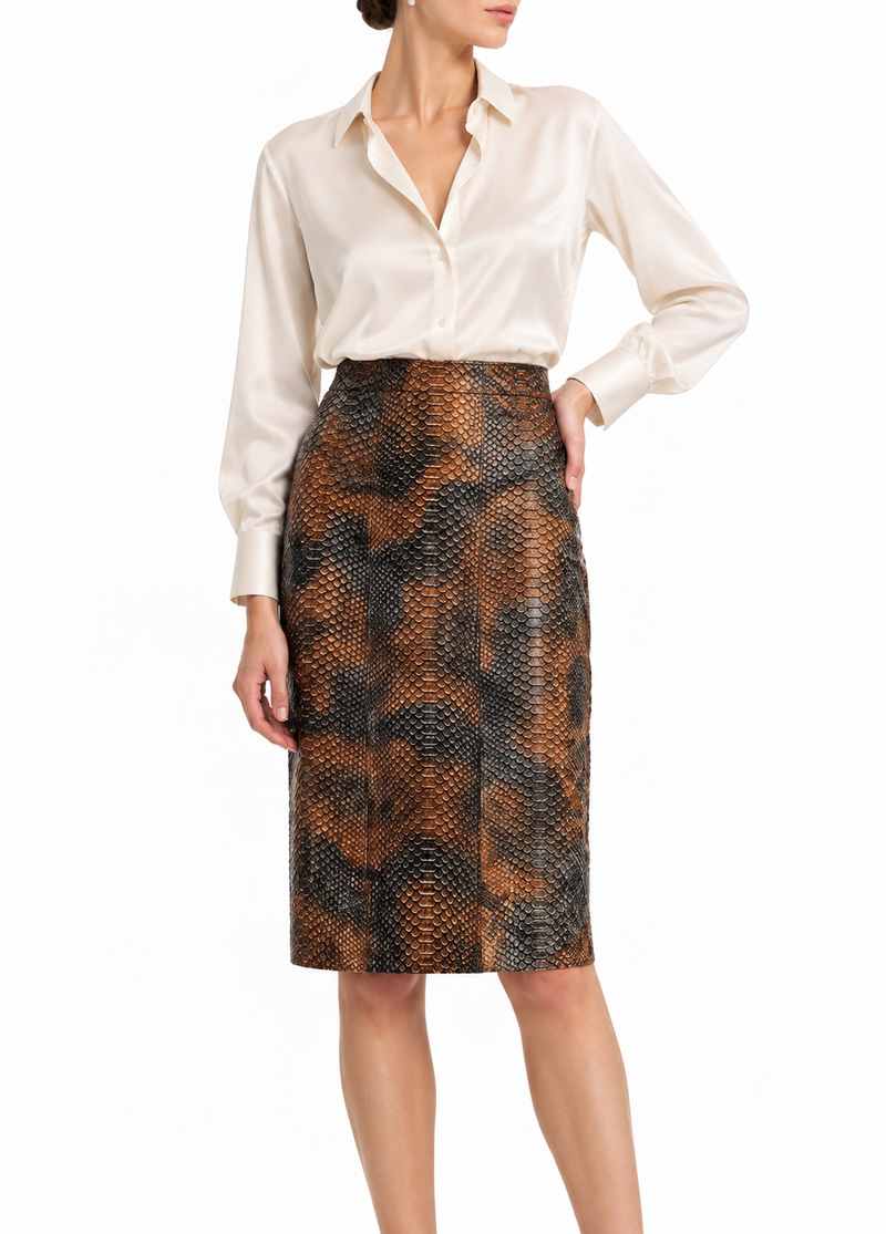 Brown leather A-line skirt from Prada, featuring a sleek design and classic silhouette, perfect for stylish outfits.