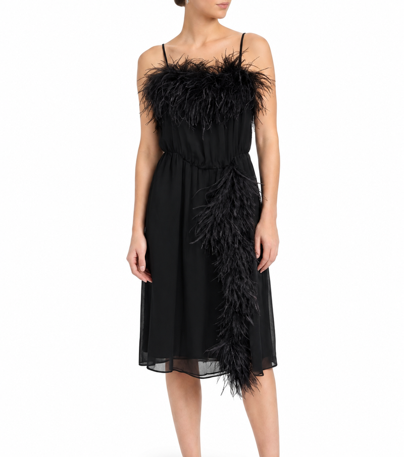 Prada feather slip dress featuring delicate feather details and a sleek silhouette, perfect for elegant evening wear.